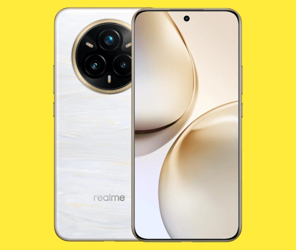 Realme 13 Pro Plus Pearl White color and yellow back ground